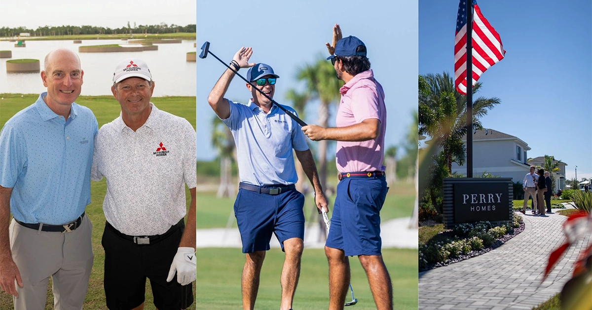 Collage of golfers celebrating and a Perry Homes entrance sign.