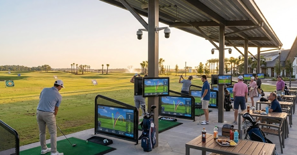 Golfers using covered driving range bays with ball-tracking screens