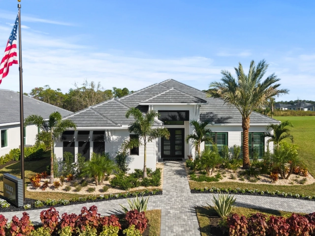 Perry Homes model exterior with modern landscaping