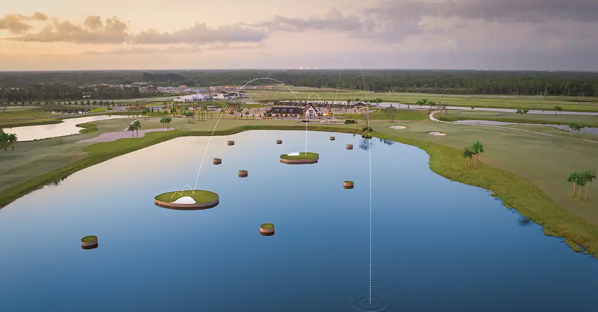 Golf balls tracked toward floating greens on a water driving range