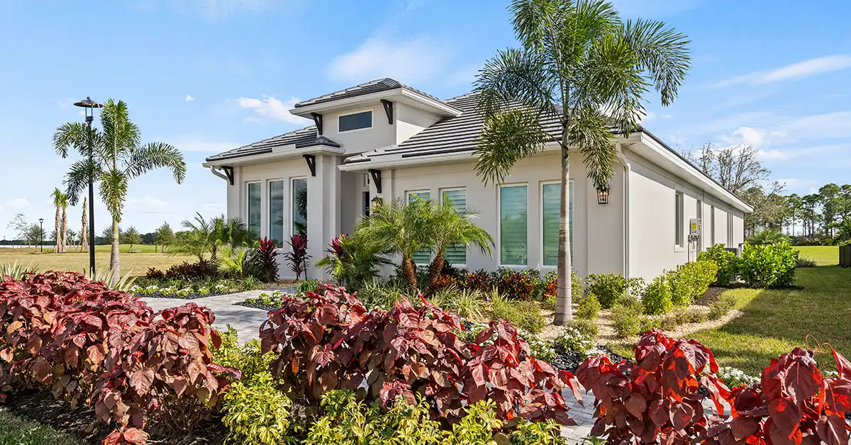 Modern single-story model home with landscaped yard and palm trees