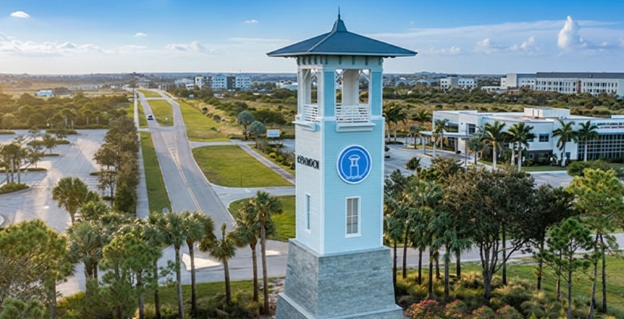 Landmark tower with blue emblem in landscaped community