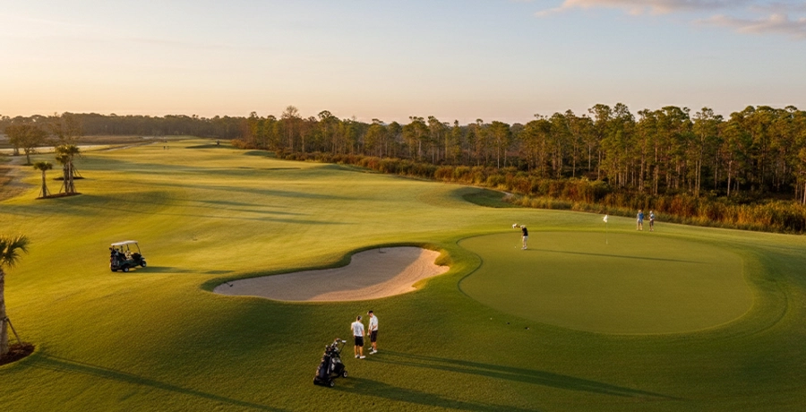 Golfers practicing on putting green with sand bunker
