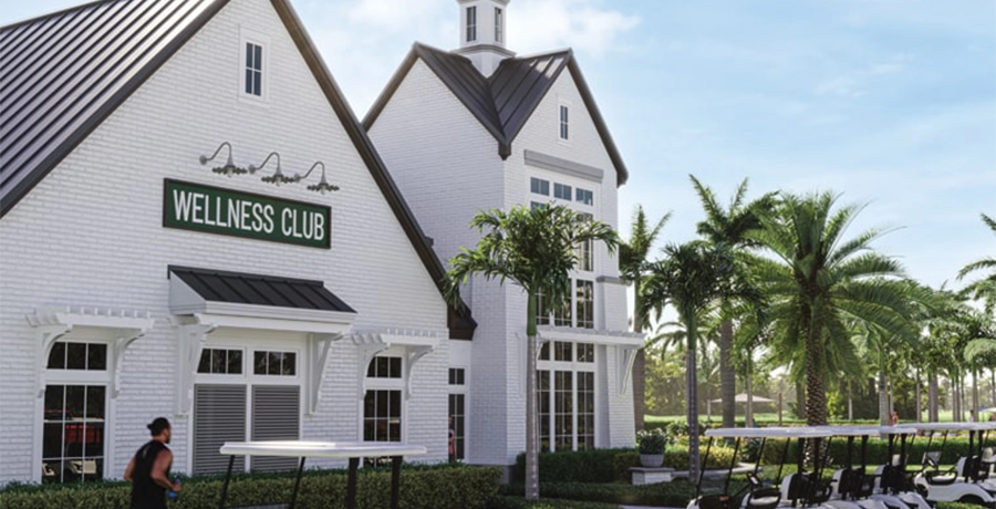 Rendering of wellness club building with golf carts