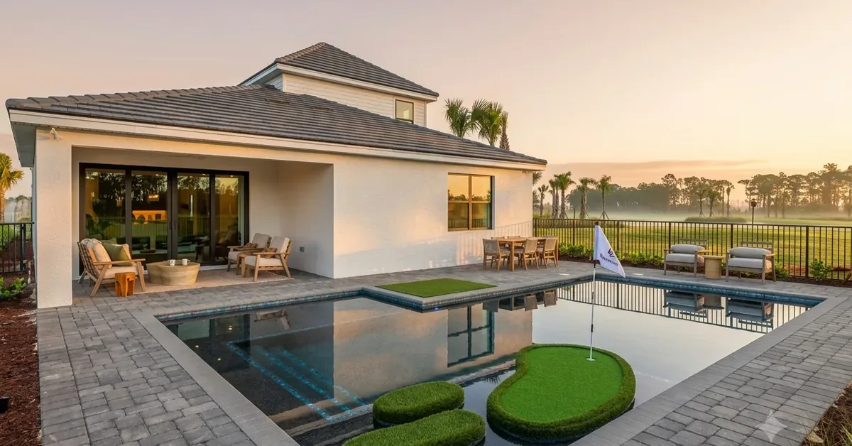 Luxury backyard pool with integrated putting green islands and elegant paver patio overlooks a misty golf course at sunset.