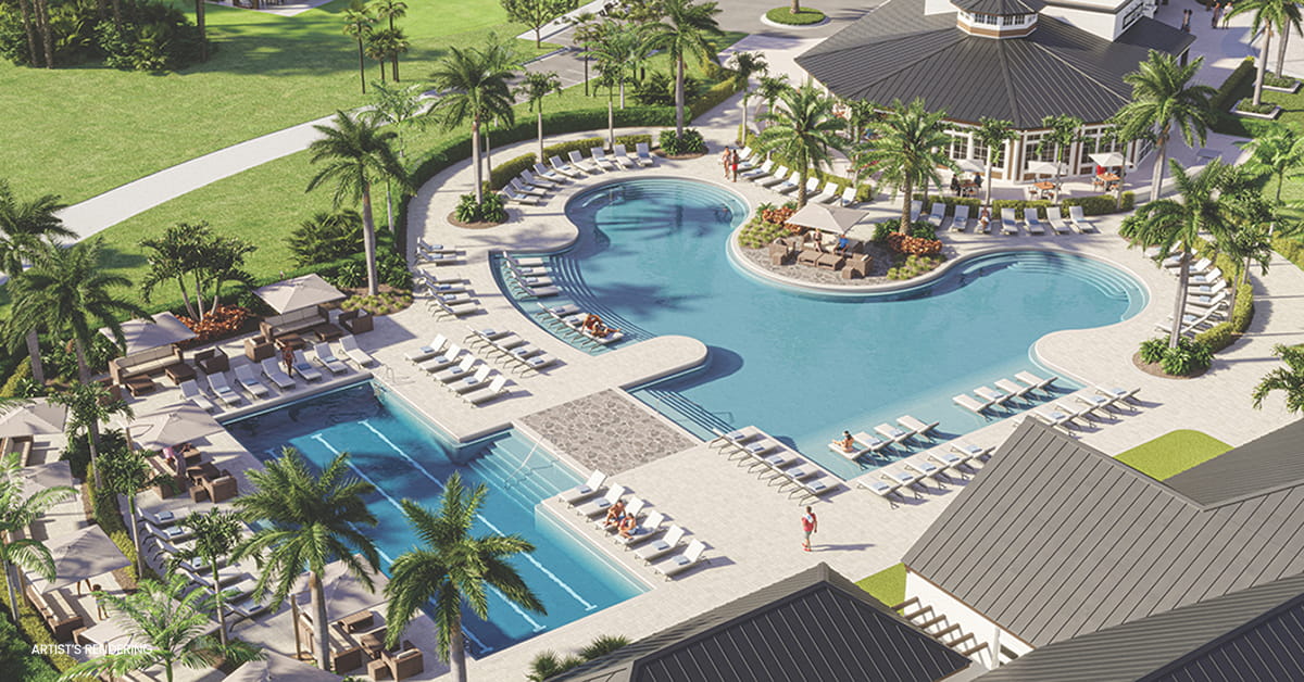 Aerial artist's rendering of a resort-style pool complex with lounge chairs, palm trees, and clubhouse at a luxury residential community.