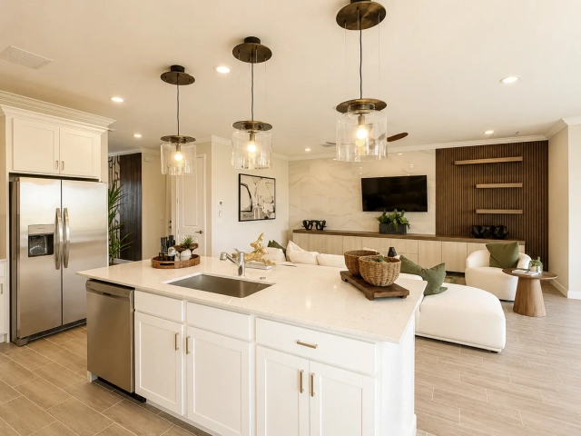 Kitchen with white cabinets, a stainless steel refrigerator, a white quartz island with a farmhouse sink, and brass pendant lights.